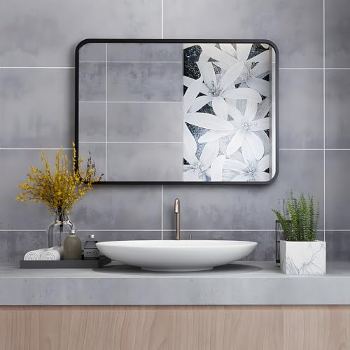 MIQU Badezimmerspiegel 70x50cm Badspiegel ohne Beleuchtung rechteckig Spiegel Schwarz Metallrahmen Wandspiegel für Badezimmer, Wohnzimmer, WC 500x700mm von MIQU
