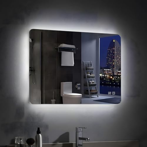 MIQU Badezimmerspiegel 70x50cm LED Badspiegel mit Beleuchtung kaltweiß Lichtspiegel Wandspiegel mit Touch-Schalter beschlagfrei IP44 energiesparend MIC von MIQU