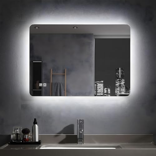 MIQU Badezimmerspiegel 80x60cm LED Badspiegel mit Beleuchtung kaltweiß Lichtspiegel Wandspiegel Touch-Schalter beschlagfrei IP44 energiesparend von MIQU