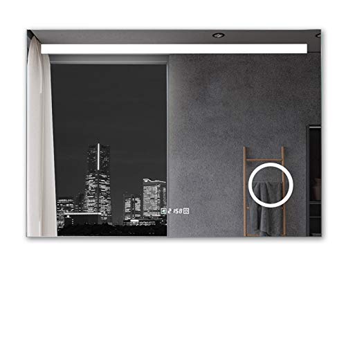 MIQU Badezimmerspiegel mit Beleuchtung 80x60cm Badspiegel Warmweiß/Kaltweiß LED Licht Wandspiegel mit Steckdose 3-Fach Vergrößerung Touch Beschlagfrei Uhr von MIQU