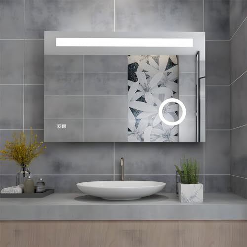MIQU 800 x 600 mm LED-beleuchteter Badezimmerspiegel, beleuchteter Wandspiegel mit 3-facher Lupe, Anti-Beschlag-Pad und Licht-Touch-Schalter, horizontale Wandmontage von MIQU