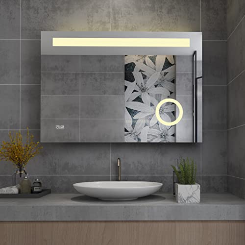MIQU Badspiegel LED 100x70 cm Badezimmerspiegel mit Beleuchtung warmweiß/kaltweiß dimmbar Lichtspiegel Wandspiegel Touch + Vergrößerung + beschlagfrei rechteckig 70x100 von MIQU