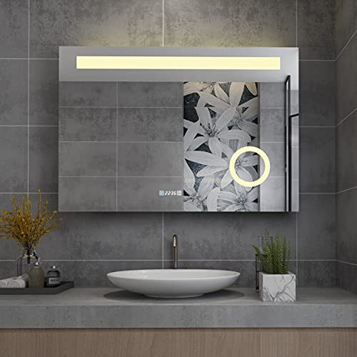 MIQU Badspiegel LED 100x70 cm Badezimmerspiegel mit Beleuchtung warmweiß/kaltweiß dimmbar Lichtspiegel Wandspiegel mit Touch + Uhr + Vergrößerung + beschlagfrei rechteckig von MIQU