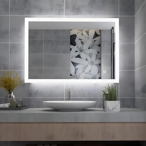 MIQU Badspiegel LED 60 x 50 cm Badezimmerspiegel mit Beleuchtung kaltweiß Lichtspiegel Wandspiegel mit Touch rechteckig A++ von MIQU
