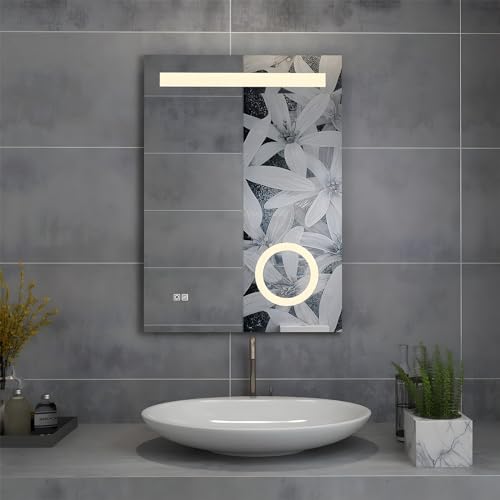 MIQU Badspiegel LED 70x50 cm Badezimmerspiegel mit Beleuchtung warmweiß/kaltweiß dimmbar Lichtspiegel Wandspiegel mit Touch + Vergrößerung + beschlagfrei rechteckig von MIQU