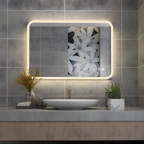 MIQU Badspiegel LED 70x50 cm Badezimmerspiegel mit Beleuchtung warmweiß/kaltweiß dimmbar Lichtspiegel Wandspiegel mit Touch + beschlagfrei rechteckig von MIQU