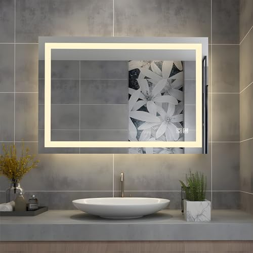 MIQU Badspiegel LED 80 x 60 cm Badezimmerspiegel mit Beleuchtung warmweiß/kaltweiß dimmbar Lichtspiegel Wandspiegel mit Steckdose + beschlagfrei + Touch von MIQU