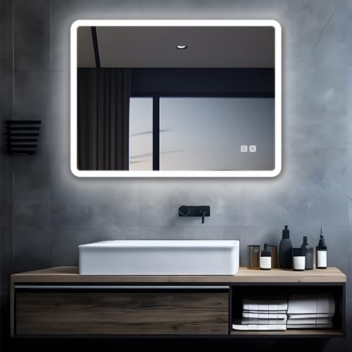 MIQU LED Badspiegel mit Beleuchtung 100x60 cm Badezimmerspiegel, Bad Groß Spiegel mit Touch Dimmbar Warm/Weiß Licht Beschlagfrei Wandspiegel für Badezimmer, WC, Flur Rechteck runden Ecken von MIQU