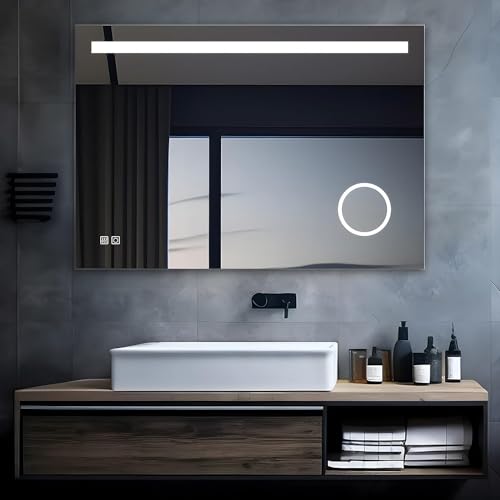 MIQU LED Badspiegel mit Beleuchtung 100x70 cm Badezimmerspiegel, Bad Groß Spiegel mit Steckdose Touch Dimmbar 3 Farben Licht Beschlagfrei Vergrößerung Wandspiegel für Badezimmer, WC, Flur H von MIQU