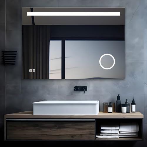 MIQU LED Badspiegel mit Beleuchtung 120x80 cm Badezimmerspiegel, Bad Groß Spiegel mit Steckdose Touch Dimmbar Warm/Weiß Licht Beschlagfrei Vergrößerung Wandspiegel für Badezimmer, WC, Flur H von MIQU