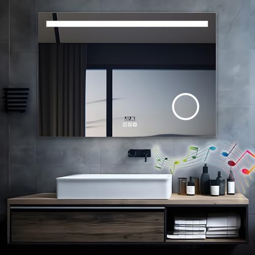 MIQU LED Badspiegel mit Beleuchtung 80x60 cm Badezimmerspiegel, Bad Groß Spiegel mit Steckdose Uhr Bluetooth Touch Dimmbar Warm/Weiß Licht Beschlagfrei Vergrößerung Wandspiegel MIQU LED Badspiegel mit Beleuchtung 80x60 cm Badezimmerspiegel, Bad Groß Spiegel mit Steckdose Uhr Bluetooth Touch Dimmbar Warm/Weiß Licht Beschlagfrei Vergrößerung Wandspiegel von MIQU