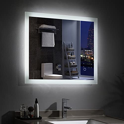 MIQU LED Badspiegel mit Beleuchtung 80x60 cm Badezimmerspiegel kaltweiß 6500K Lichtspiegel großer Wandspiegel mit Touch + beschlagfrei für Bad WC von MIQU