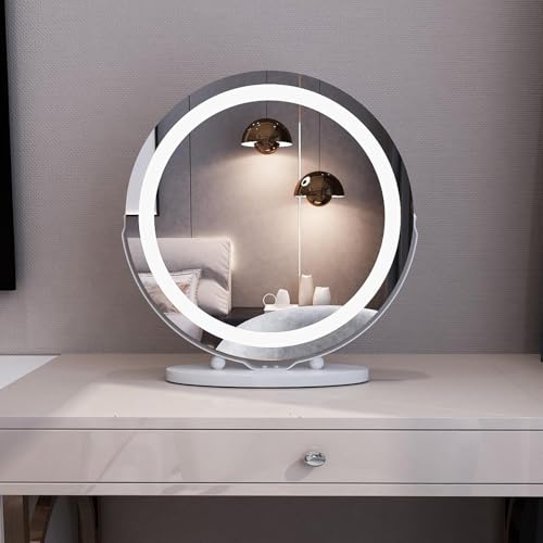 MIQU Schminkspiegel mit Beleuchtung 50 x 50cm Großer Vanity Hollywood Spiegel mit Touch Dimmbar 3 Lichtfarben LED licht, 360° Drehbar Kosmetikspiegel Rund Badspiegel Tischspiegel weiß Metallrahmen von MIQU