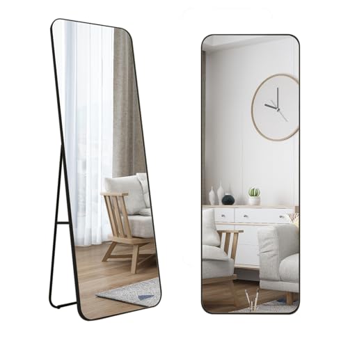 MIQU Standspiegel Ganzkörperspiegel 160 x 40 cm mit Ständer Rechteck Runden Ecken, Schwarz Metall Rahmen Wandspiegel Lang Dekorative Groß Spiegel Wand Hänger für Flur, Wohnzimmer, Schlafzimmer von MIQU