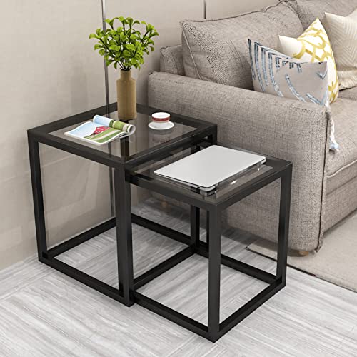 Couchtisch Quadratisch Beistelltisch 2er Set, Couchtisch Beistelltisch mit glatter Tischplatte aus gehärtetem Glas, Sofatisch mit Metallrahmen, modernes Nesting Teetisch Set für Wohnzimmer, Balkon von MIQXUAN