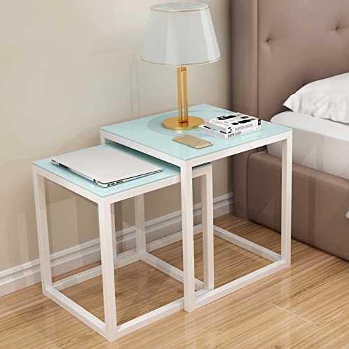 Couchtisch Quadratisch Beistelltisch 2er Set, Couchtisch Beistelltisch mit glatter Tischplatte aus gehärtetem Glas, Sofatisch mit Metallrahmen, modernes Nesting Teetisch Set für Wohnzimmer, Balkon von MIQXUAN