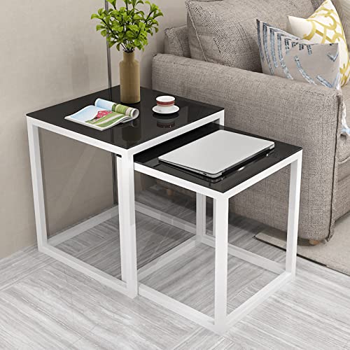 Couchtisch Quadratisch Beistelltisch 2er Set, Couchtisch Beistelltisch mit glatter Tischplatte aus gehärtetem Glas, Sofatisch mit Metallrahmen, modernes Nesting Teetisch Set für Wohnzimmer, Balkon von MIQXUAN