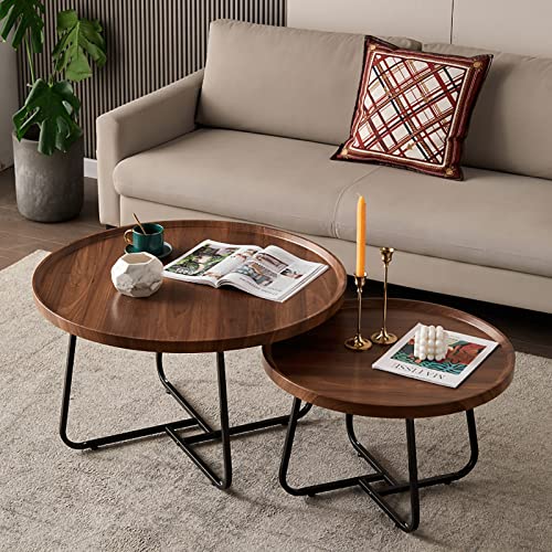 Couchtisch Rund Beistelltisch 2er Set, Industrieller Beistelltisch Nistset mit Rustikalem Holz Erhöhtem Tablett Oberkante und Metallbein Sofatisch Couchtisch für Wohnzimmer, Schlafzimmer, Bauernhaus von MIQXUAN
