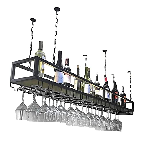 Weinregal, Weinregal aus Metall mit Glashalter, höhenverstellbares hängendes Weinglasregal, hängendes Retro-Blumentopf-Ausstellungsregal, für Bar/Café/Küche/Restaurant/Schwarz/60 * 25 * 22 cm (Schwarz von MIQXUAN
