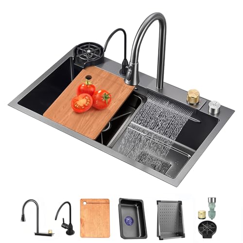 Spülbecken Spüle Küchenspüle Küchenspülen Kitchen Sink Einbauspüle Edelstahl Mit Wasserhahn Ausziehbar, Waschbecken Küche Schwarz Spüle Mit Armatur Set, Küchen Waschbecken Mit Tassenspüler(80x45cm) von MIRJAI
