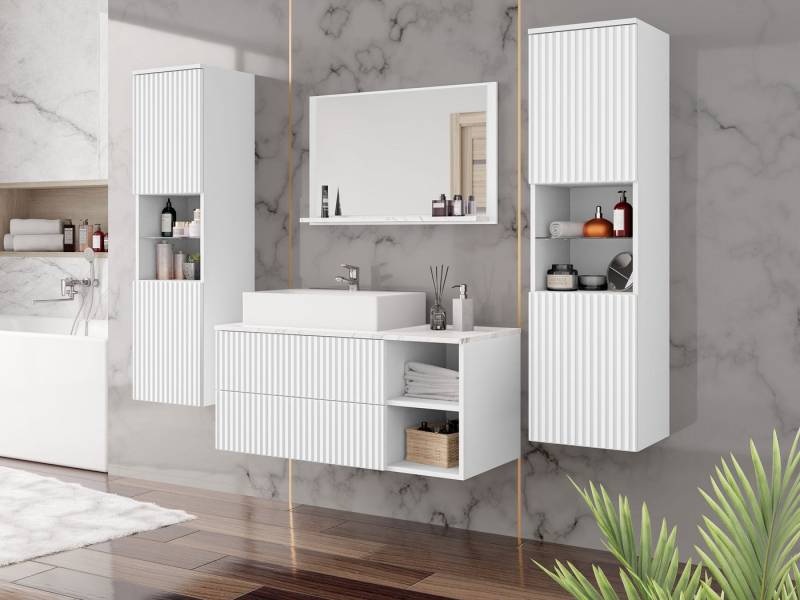 MIRJAN24 Badmöbel-Set Kertos Rillen III, (5er-Set, Spiegel, Waschbeckenschrank, Waschbecken, 2x Schrank), Fronten gefräst, Siphon von MIRJAN24