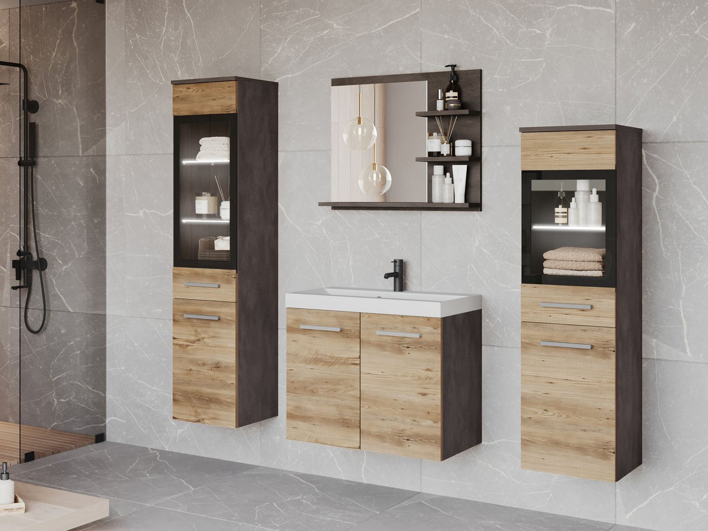 MIRJAN24 Badmöbel-Set Madrit I, (5er-Set, Schrank, 2x Hochschrank, Regal mit Spiegel, Waschbecken mit Siphon), Beleuchtung als Option von MIRJAN24