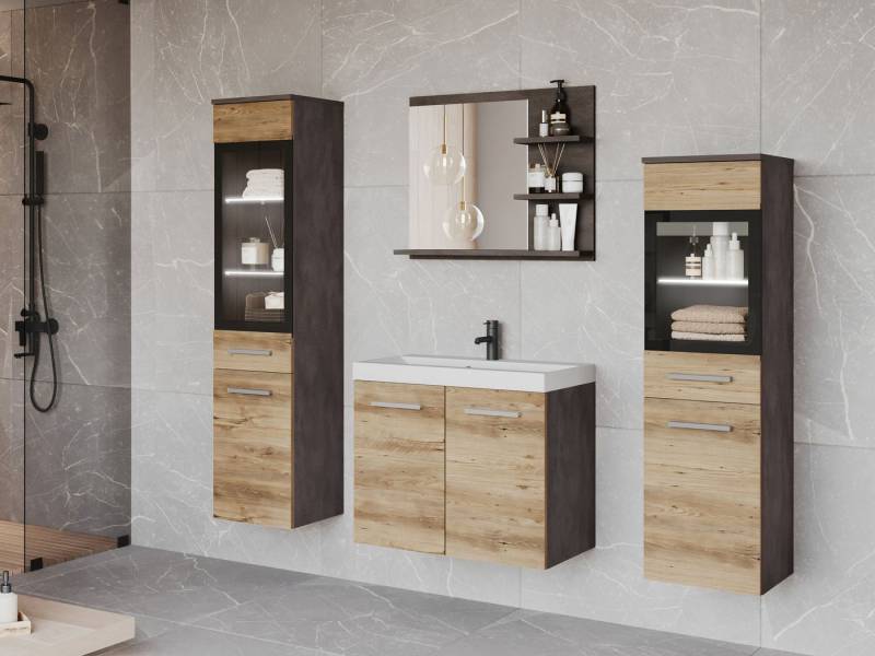 MIRJAN24 Badmöbel-Set Madrit I, (5er-Set, Schrank, 2x Hochschrank, Regal mit Spiegel, Waschbecken mit Siphon), Beleuchtung als Option von MIRJAN24
