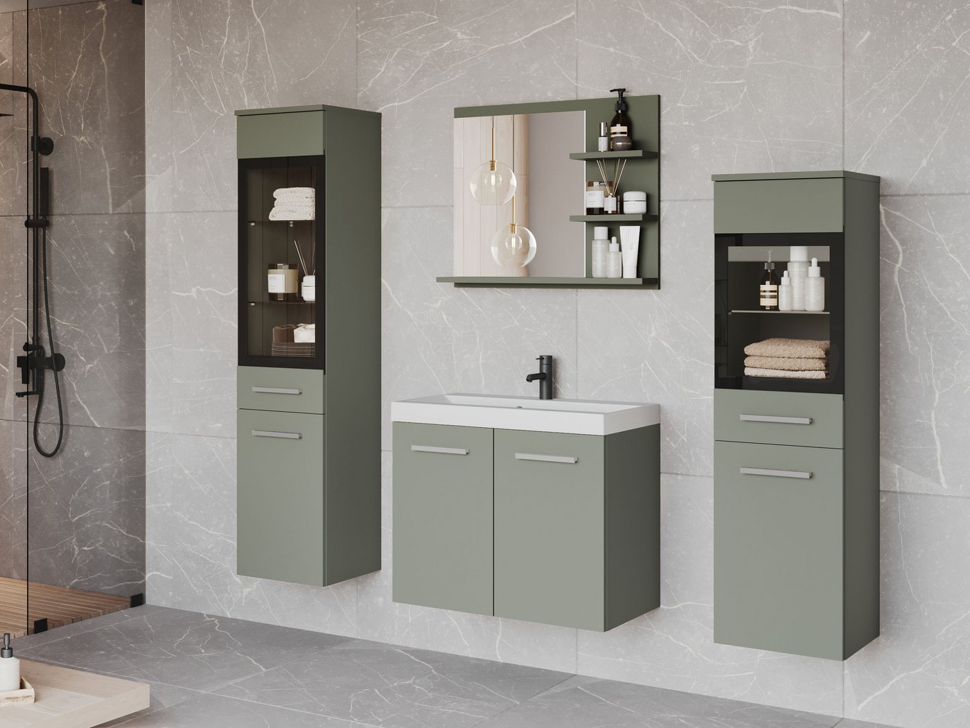 MIRJAN24 Badmöbel-Set Madrit I, (5er-Set, Schrank, 2x Hochschrank, Regal mit Spiegel, Waschbecken mit Siphon), Beleuchtung als Option von MIRJAN24