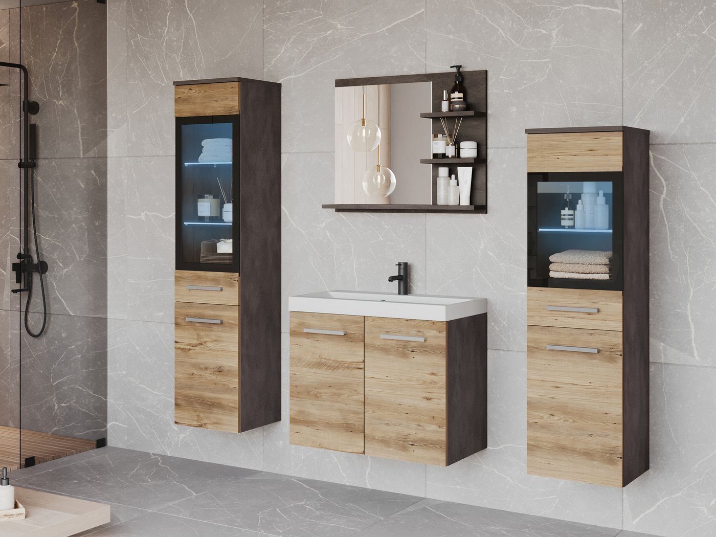 MIRJAN24 Badmöbel-Set Madrit I, (5er-Set, Schrank, 2x Hochschrank, Regal mit Spiegel, Waschbecken mit Siphon), Beleuchtung als Option von MIRJAN24