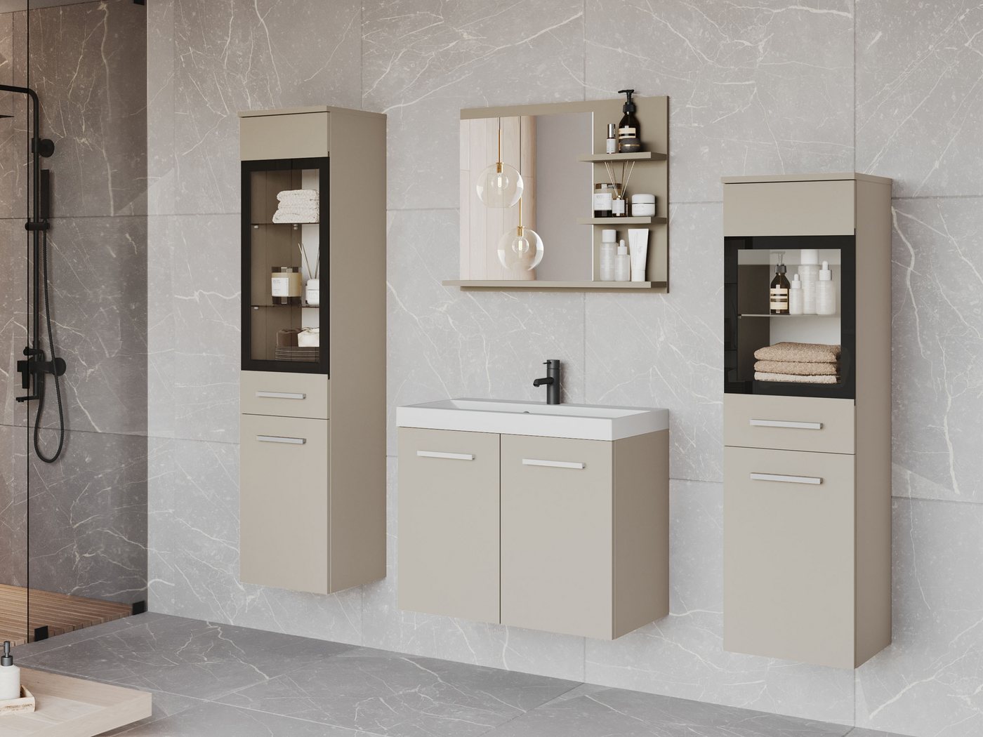MIRJAN24 Badmöbel-Set Madrit I, (5er-Set, Schrank, 2x Hochschrank, Regal mit Spiegel, Waschbecken mit Siphon), Beleuchtung als Option von MIRJAN24