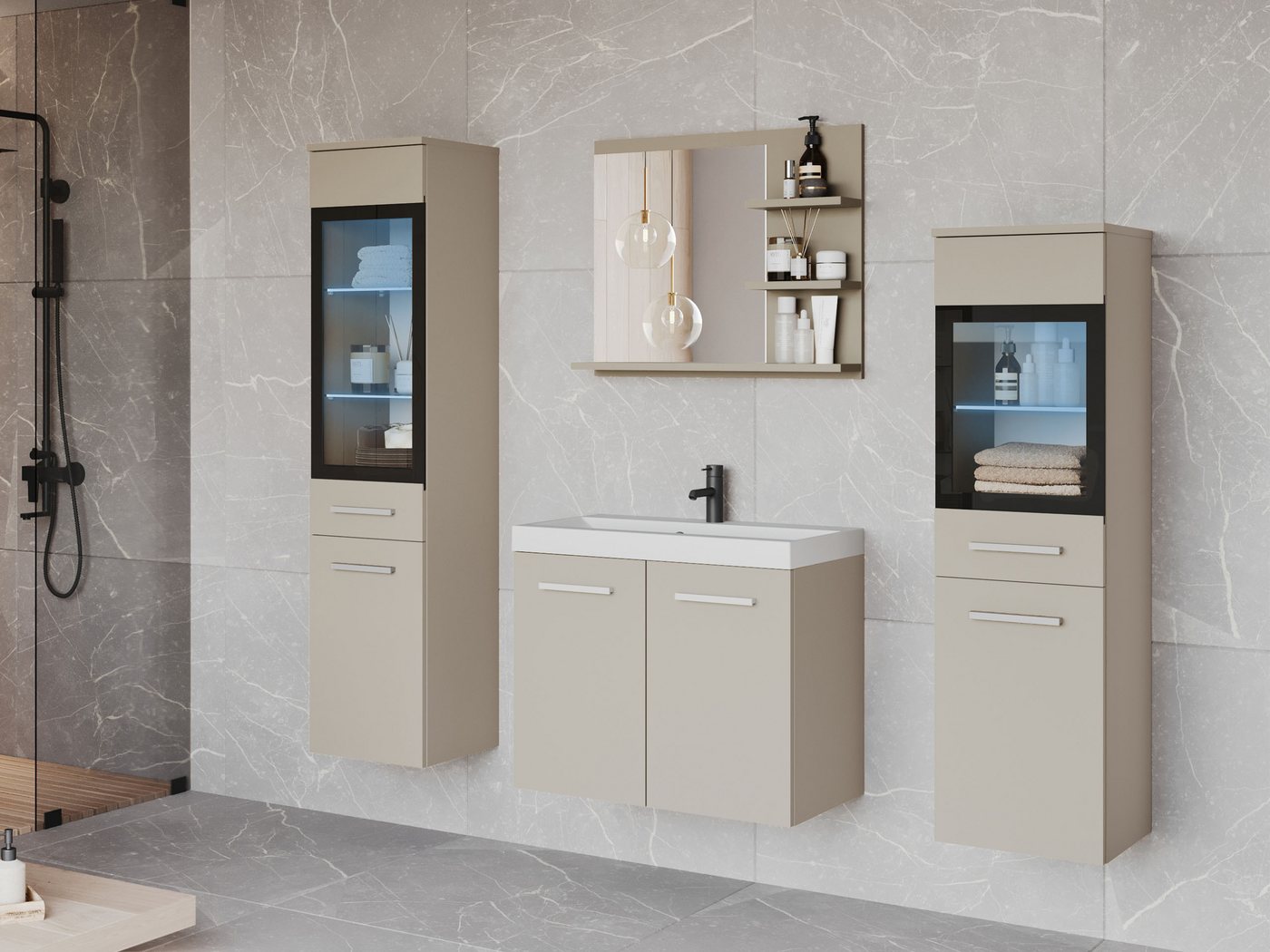 MIRJAN24 Badmöbel-Set Madrit I, (5er-Set, Schrank, 2x Hochschrank, Regal mit Spiegel, Waschbecken mit Siphon), Beleuchtung als Option von MIRJAN24
