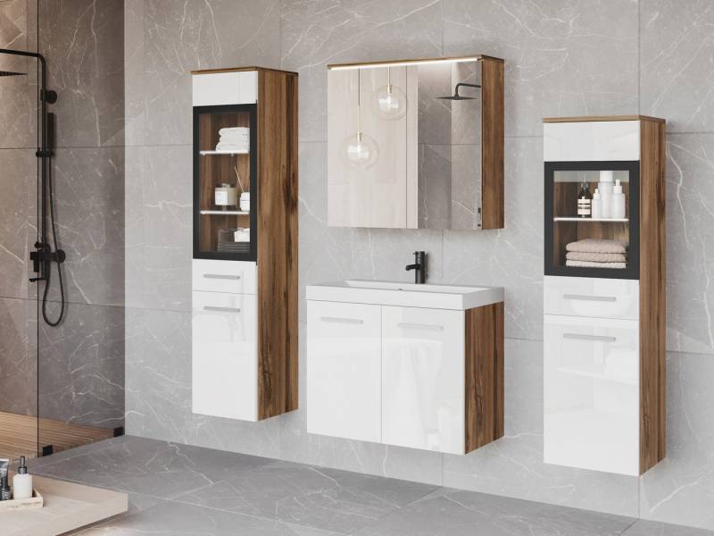 MIRJAN24 Badmöbel-Set Madrit II, (5er-Set, Waschbeckenschrank, 2x Hochschrank, Spiegelschrank, Waschbecken), mit Siphon, LED-Beleuchtung als Option von MIRJAN24
