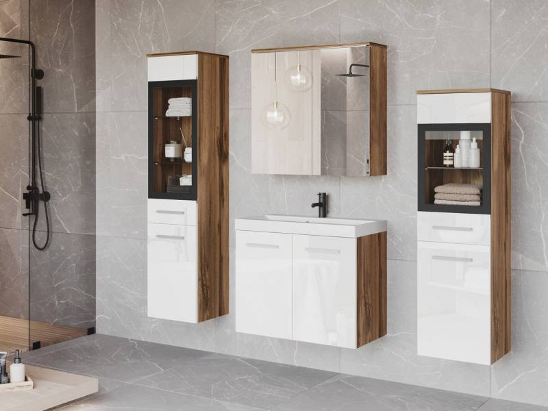 MIRJAN24 Badmöbel-Set Madrit II, (5er-Set, Waschbeckenschrank, 2x Hochschrank, Spiegelschrank, Waschbecken), mit Siphon, LED-Beleuchtung als Option von MIRJAN24