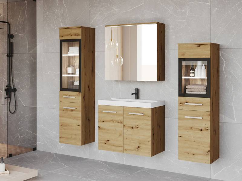 MIRJAN24 Badmöbel-Set Madrit II, (5er-Set, Waschbeckenschrank, 2x Hochschrank, Spiegelschrank, Waschbecken), mit Siphon, LED-Beleuchtung als Option von MIRJAN24