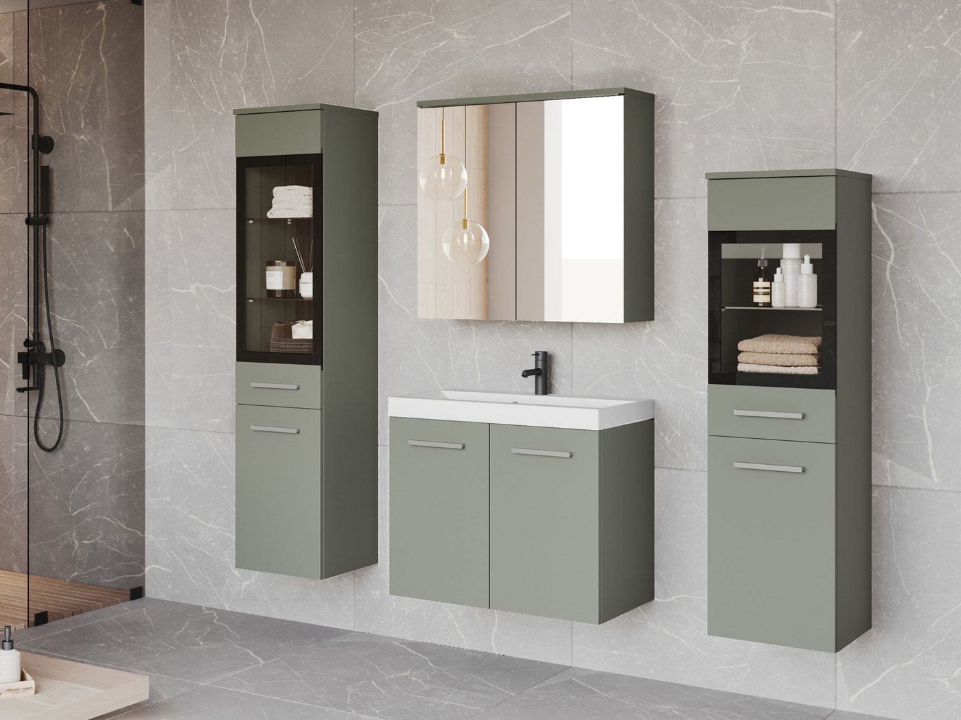 MIRJAN24 Badmöbel-Set Madrit II, (5er-Set, Waschbeckenschrank, 2x Hochschrank, Spiegelschrank, Waschbecken), mit Siphon, LED-Beleuchtung als Option von MIRJAN24