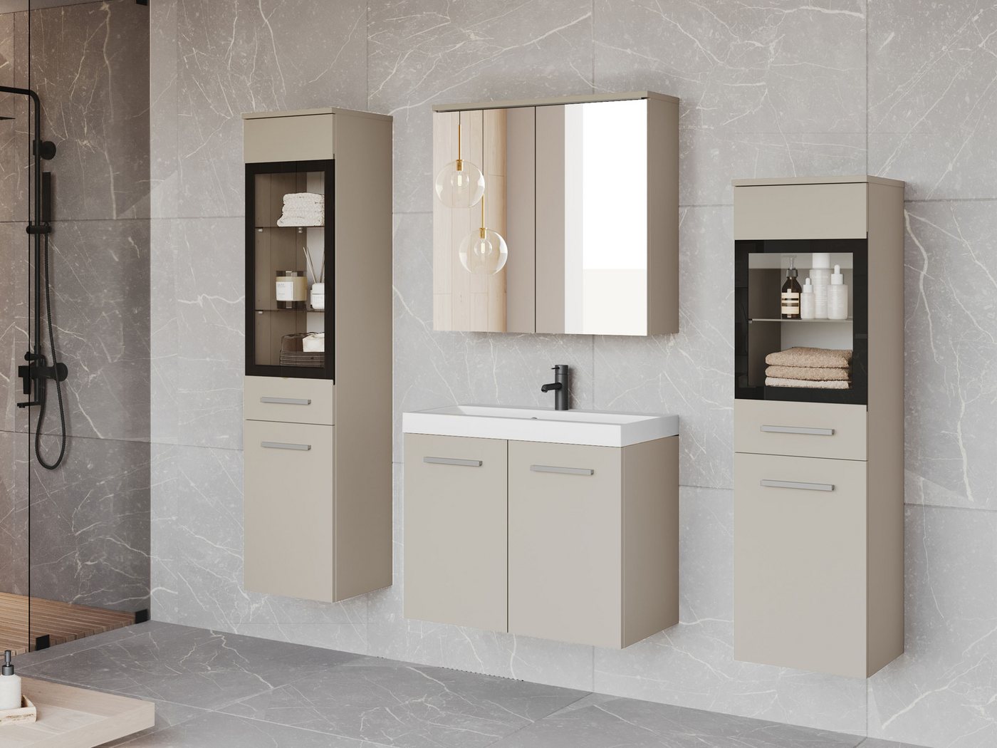 MIRJAN24 Badmöbel-Set Madrit II, (5er-Set, Waschbeckenschrank, 2x Hochschrank, Spiegelschrank, Waschbecken), mit Siphon, LED-Beleuchtung als Option von MIRJAN24