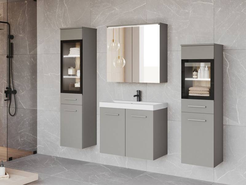 MIRJAN24 Badmöbel-Set Madrit II, (5er-Set, Waschbeckenschrank, 2x Hochschrank, Spiegelschrank, Waschbecken), mit Siphon, LED-Beleuchtung als Option von MIRJAN24