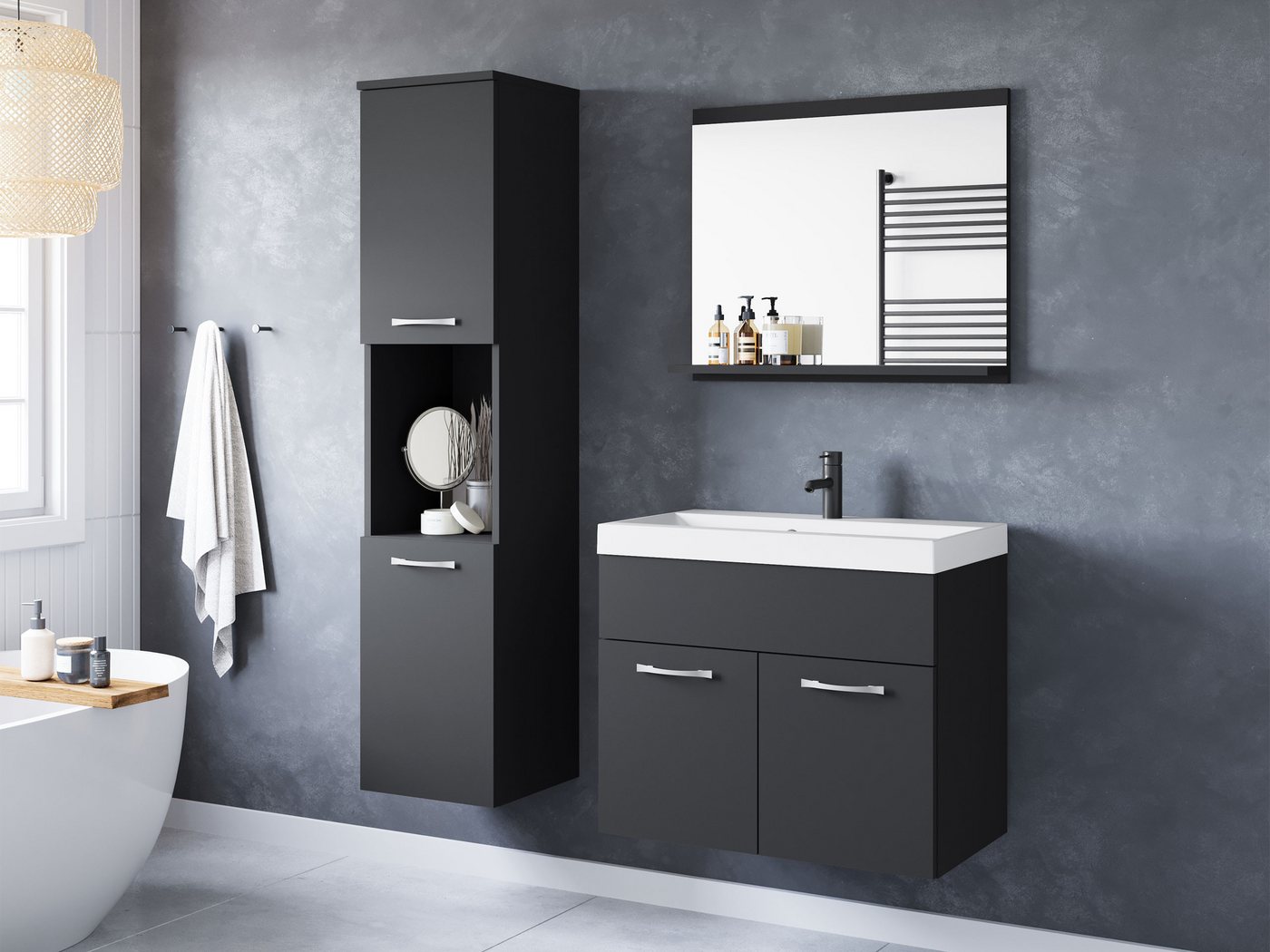 MIRJAN24 Badmöbel-Set Montreal, (4er-Set, Waschbeckenschrank, Hochschrank, Spiegel, Waschbecken), Metallgriffe von MIRJAN24