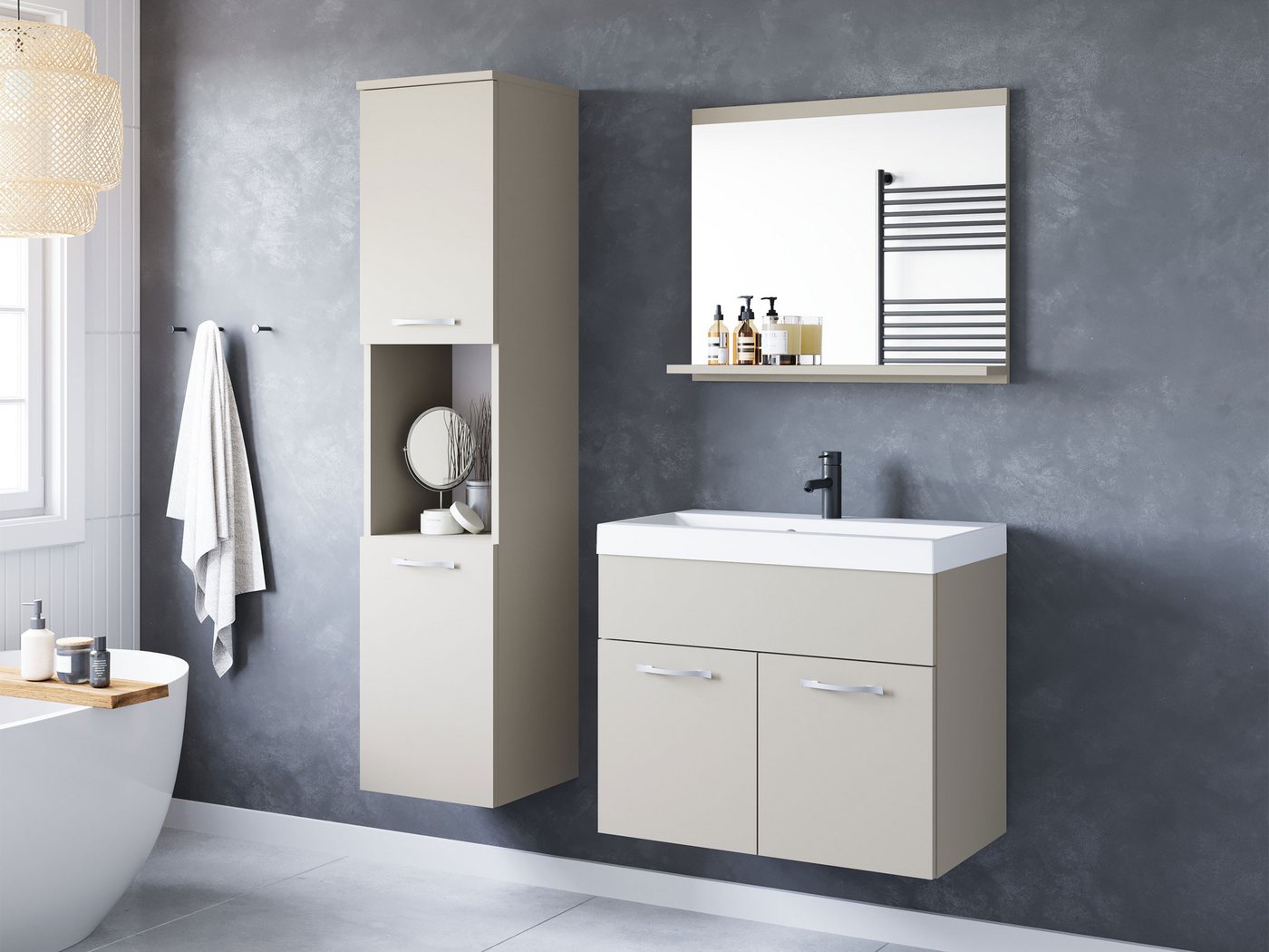 MIRJAN24 Badmöbel-Set Montreal, (4er-Set, Waschbeckenschrank, Hochschrank, Spiegel, Waschbecken), Metallgriffe von MIRJAN24