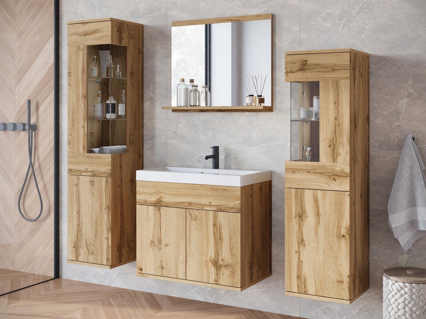 MIRJAN24 Badmöbel-Set Nairobi, (4er-Set, 2x Hängeschrank, Waschbeckenschrank, Spiegel), Waschbecken mit Siphon von MIRJAN24