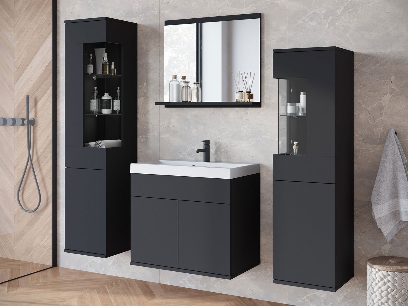 MIRJAN24 Badmöbel-Set Nairobi, (4er-Set, 2x Hängeschrank, Waschbeckenschrank, Spiegel), Waschbecken mit Siphon von MIRJAN24