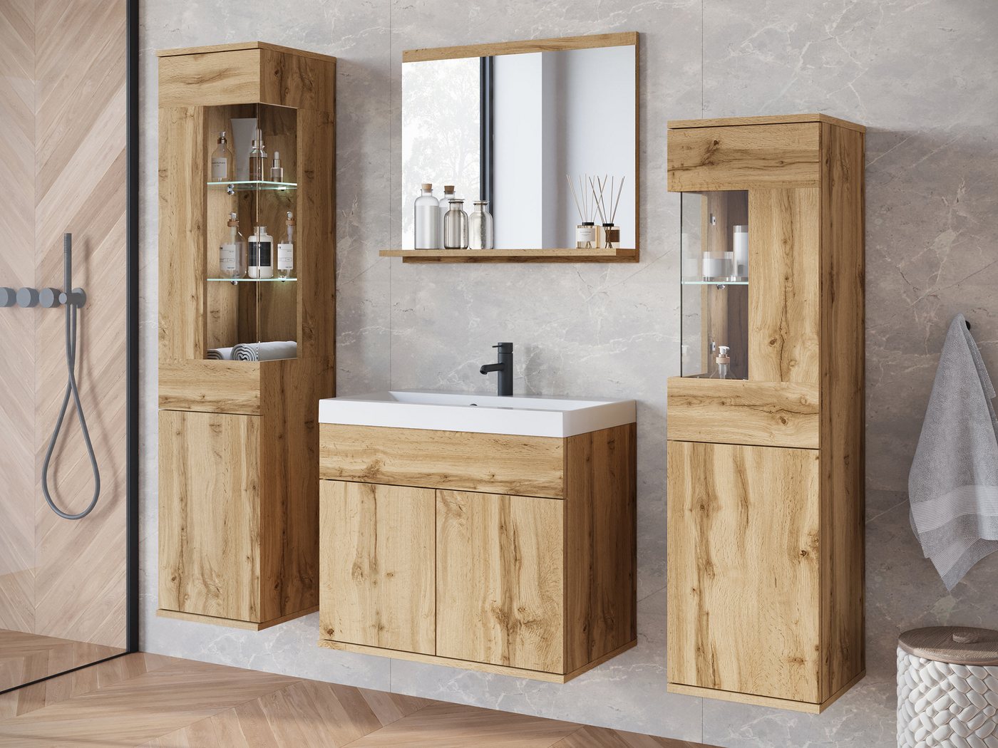 MIRJAN24 Badmöbel-Set Nairobi, (4er-Set, 2x Hängeschrank, Waschbeckenschrank, Spiegel), Waschbecken mit Siphon von MIRJAN24