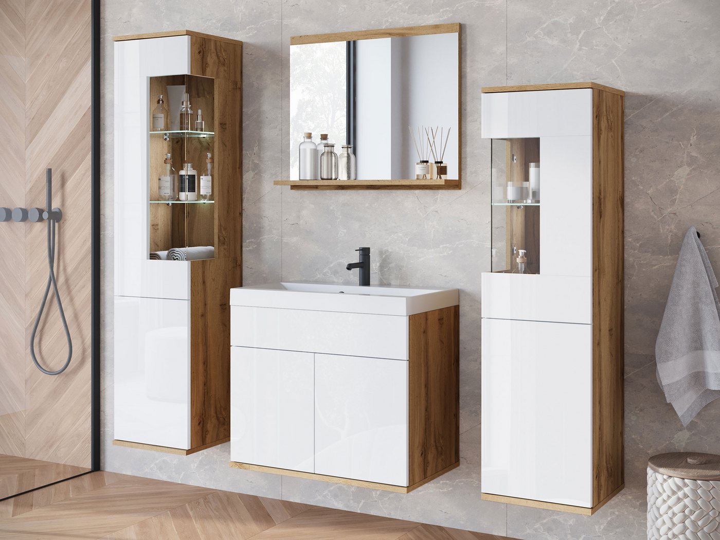 MIRJAN24 Badmöbel-Set Nairobi, (4er-Set, 2x Hängeschrank, Waschbeckenschrank, Spiegel), Waschbecken mit Siphon von MIRJAN24