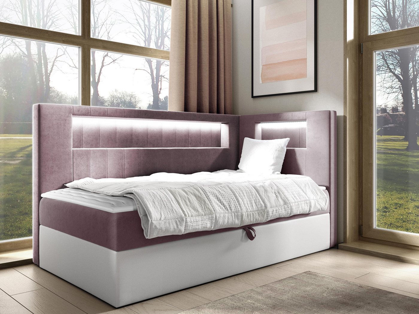 MIRJAN24 Boxspringbett Gold Junior 3 (mit Bettkasten, Polsterkopfteil und Beleuchtung), mit Bonellfederkern, Härtegrad - H3 von MIRJAN24