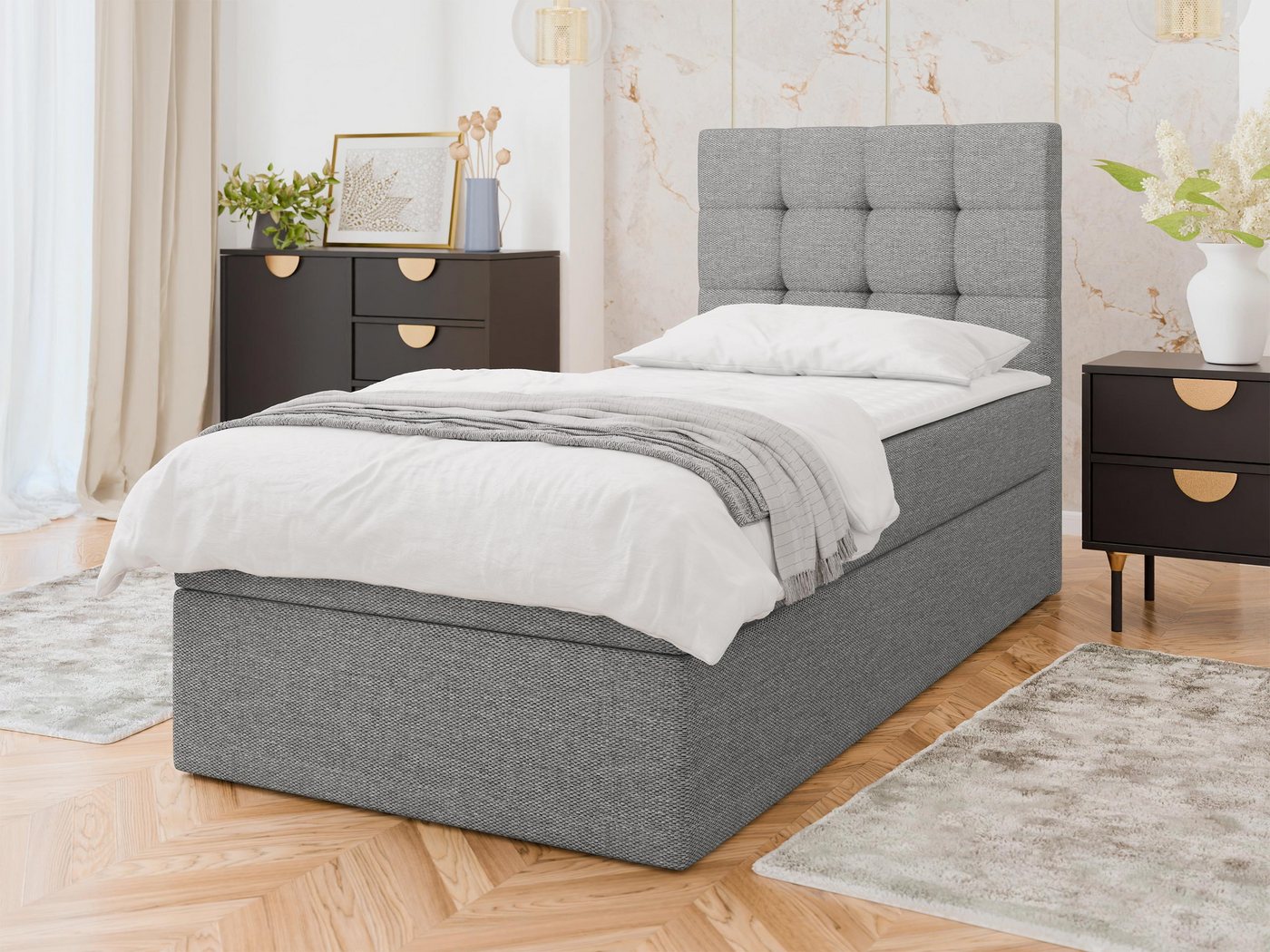 MIRJAN24 Boxspringbett Luanda Single (Bonell-Matratze und Topperr), mit Bettkasten, Gepolstert Kopfteil von MIRJAN24