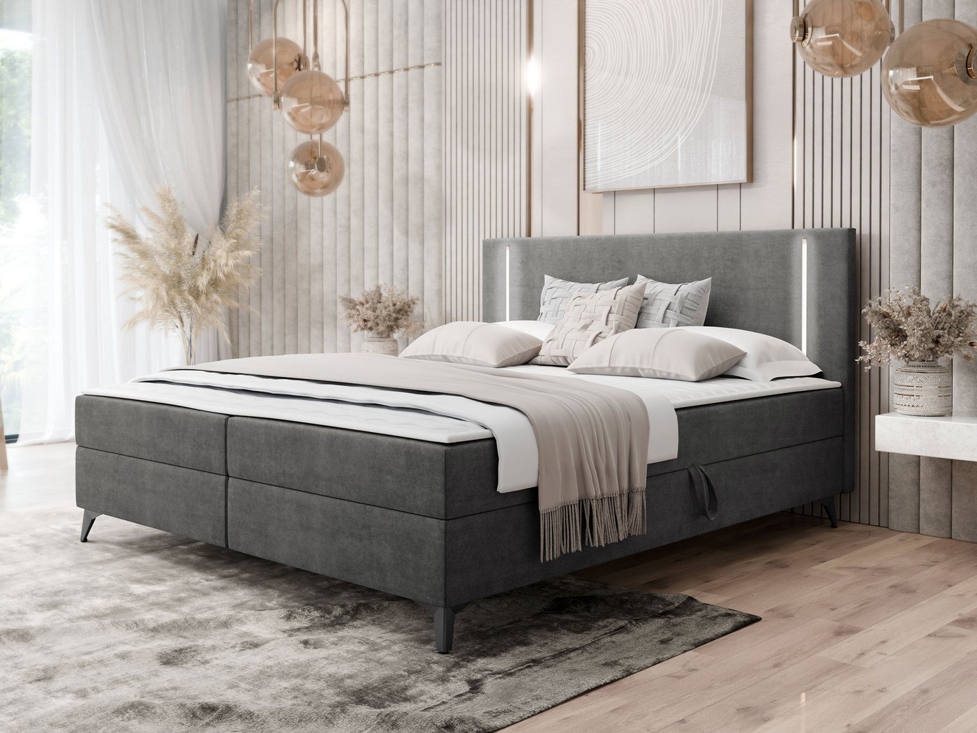 MIRJAN24 Boxspringbett Ono 2 (im Standard mit zwei Bettkästen), mit LED-Beleuchtun, 120/140/160/180/200 cm, Metallfüße von MIRJAN24