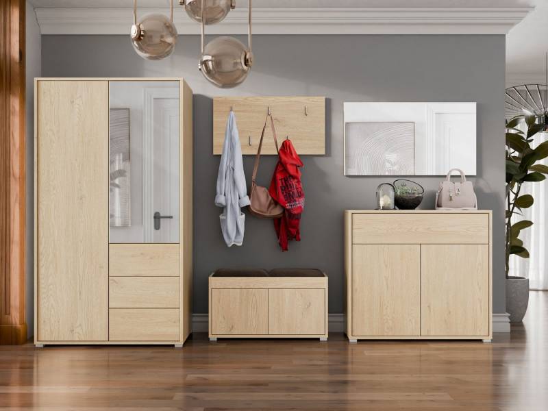 MIRJAN24 Garderoben-Set Gesita V, (5er-Set, Kommode, Spiegel, Schrank, Schuhschrank, Hakenbrett), 2x Gepolstertes Sitzpaneel mit 3D-Effekt von MIRJAN24