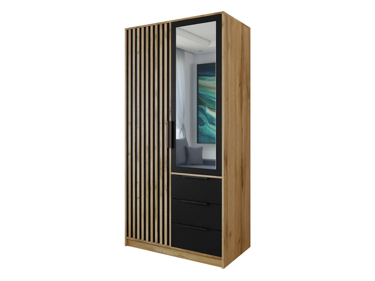 MIRJAN24 Kleiderschrank Bali Lux 2D (mit 2 Drehtüren und 3 Schubladen) Frontspiegel, Kleiderstange, Aluminumgriffe von MIRJAN24