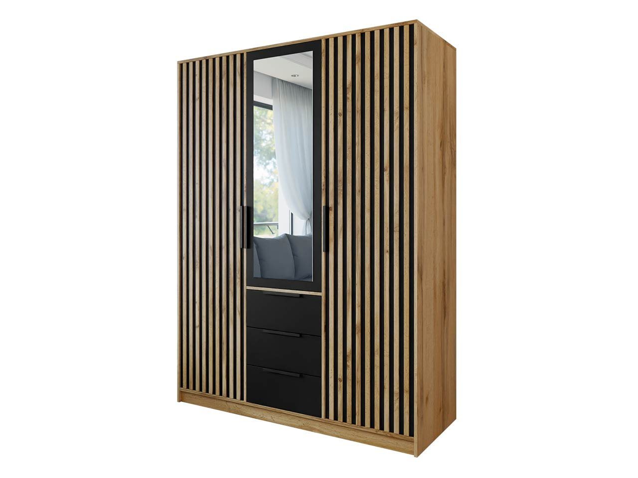 MIRJAN24 Kleiderschrank Bali Lux 3D (mit 3 Drehtüren und 3 Schubladen) Frontspiegel, Kleiderstange, Aluminumgriffe von MIRJAN24