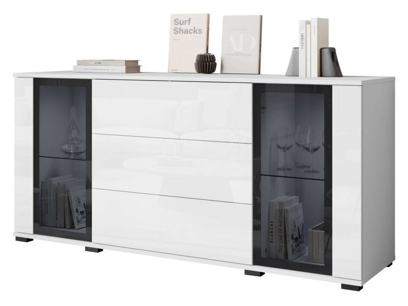 MIRJAN24 Kommode Caro SB 150 2D3S (mit zwei Drehtüren drei Schubladen), Fronten und Einlegeböden aus gehärtetem Glas von MIRJAN24